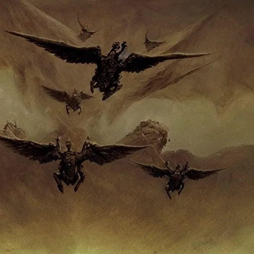 Prompt: a group of ominous deathwings flying above a destroyed village in the style of Zdzisław Beksiński