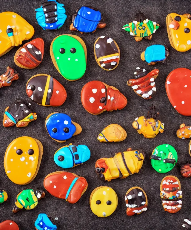 Image similar to high quality presentation photo of colorful anthropomorphic horror alien monster insects eating cookies, photography 4k f1.8 anamorphic bokeh 4k Canon Nikon