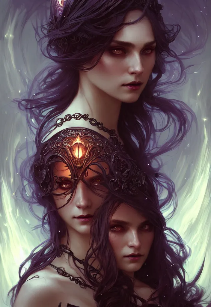 Image similar to Necromancer Sorceress, fantasy magic, undercut hairstyle, dark light night, intricate, elegant, sharp focus, illustration, highly detailed, digital painting, concept art, matte, art by WLOP and Artgerm and Greg Rutkowski and Alphonse Mucha, masterpiece