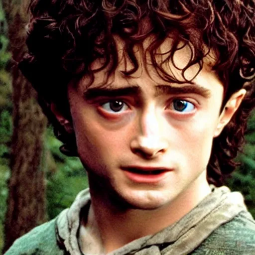 Image similar to Film still of a young Daniel Radcliffe as Frodo in Lord of the Rings: The Return of the King, small eyes