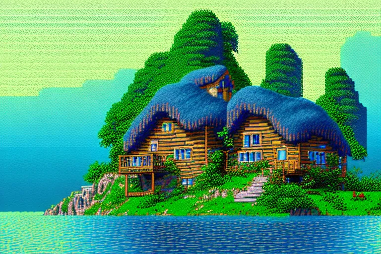 Prompt: view of a cottage above an azure lake, beautiful detailed pixelart by albertov, intricate details, beautiful, dithered gradients, volumetric lighting, cgsociety, artstation, 2 d