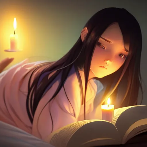 Image similar to a beautiful girl with long dark hair, lying in bed while reading a book, night time, dark, illuminated by candle light, sharp focus, intricate, digital painting, artstation, official media, anime key visual, highly detailed, rich vivid colors, ambient lighting, dynamic lighting, illustration, art by Artgerm, Makoto Shinkai, Ilya Kuvshinov, Lois Van Baarle, and Rossdraws