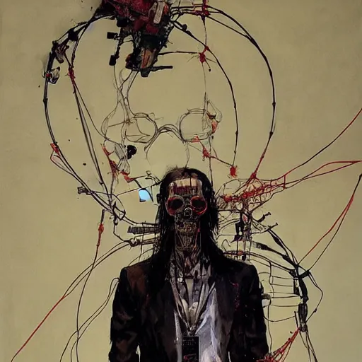 Image similar to a cyberpunk noir detective, skulls, wires cybernetic implants, machine noir grimcore, in the style of adrian ghenie esao andrews jenny saville surrealism dark art by james jean takato yamamoto and by ashley wood and mike mignola