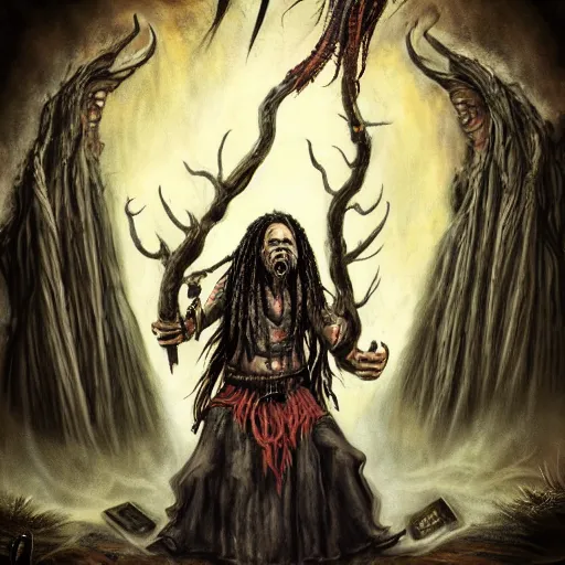 Image similar to a horror shaman with dreadlocks in sacrament of death