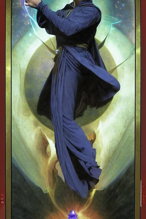 Prompt: An Epic Tarot Card of Dr. strange casting dynamic powerful spell. lit by dark evil magic portal, amazing colour harmony and variation, simple background, by Donato Giancola, William Bouguereau, John Williams Waterhouse, tarot card border made of rare sentient opalescent cosmic ivory by Alphonse Mucha