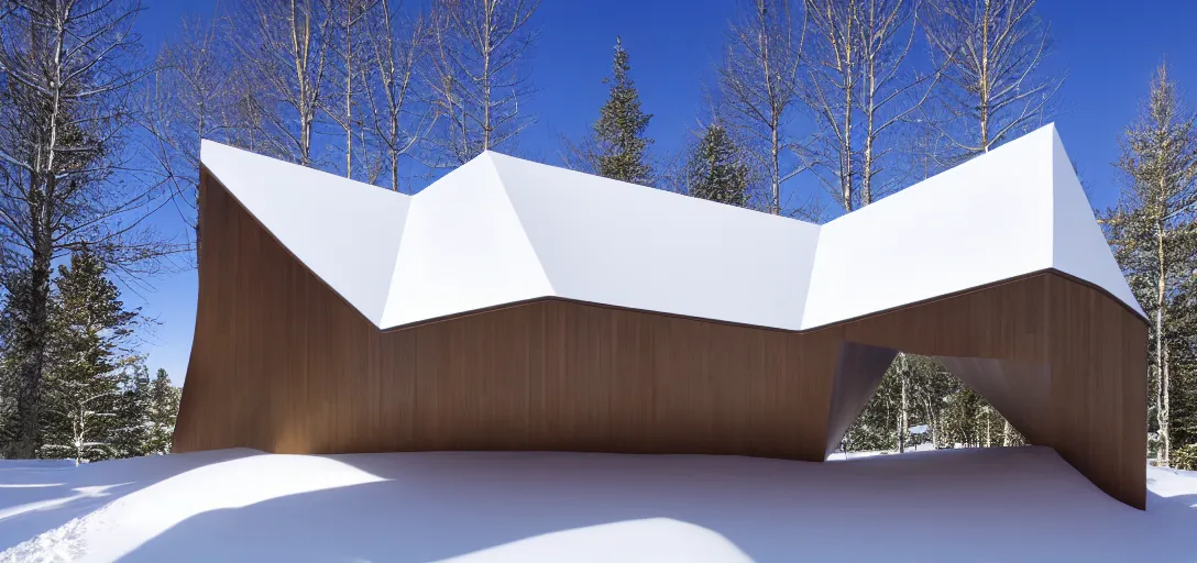 Image similar to faceted roof planes lift and descend creating shade and architectural expression, highly detailed, situated in snow, vivid color