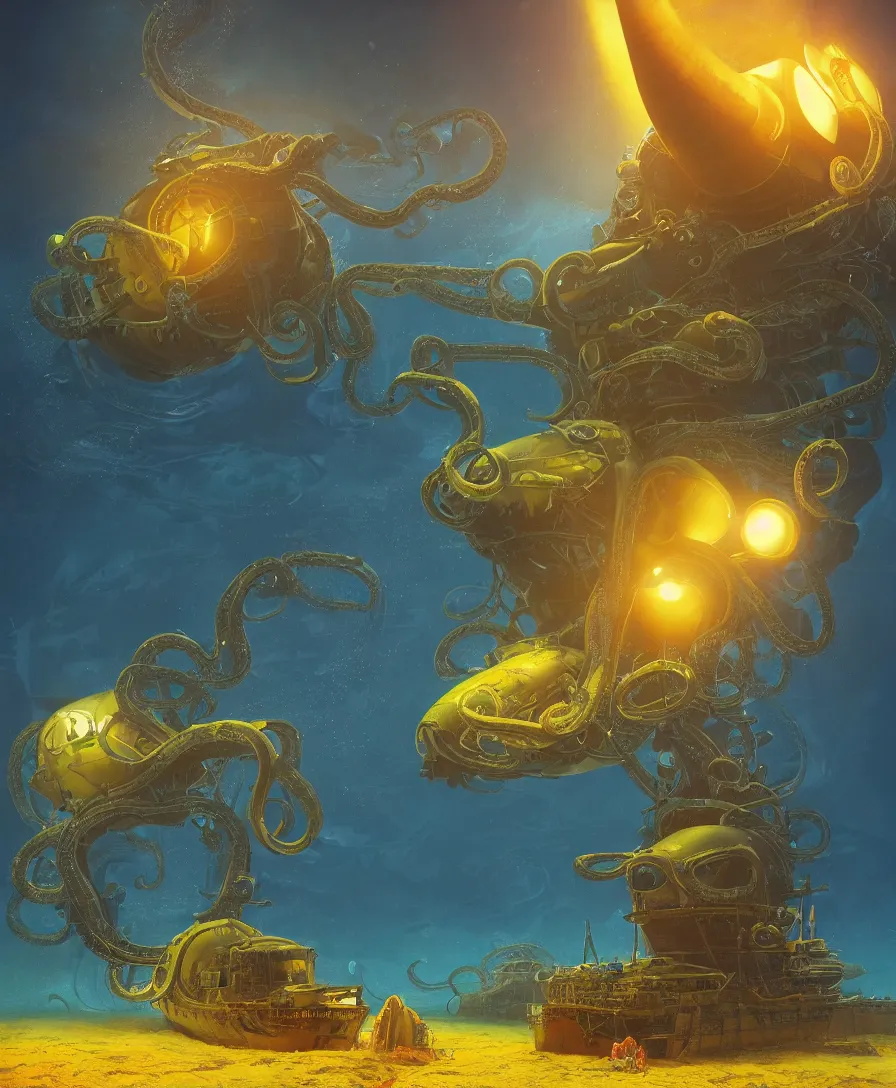 Image similar to giant octopus grabbing a submarine a yellow submarine underwater, illustrated by simon stalenhag and gaston bussiere, beautiful volumetric lighting style atmosphere, intricate, ultra detailed, photorealistic imagery, trending on artstation, octane render, 8 k