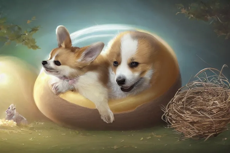 Image similar to a baby corgi crawling out of an egg laying in a nest, fantasy art, oil painting, concept art, 4 k, extremely detailed, realistic,