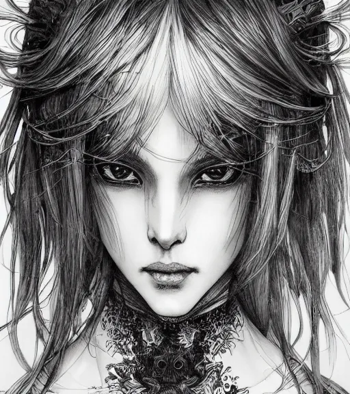 Image similar to portrait of anime woman witch, pen and ink, intricate line drawings, by yoshitaka amano, ruan jia, kentaro miura, artgerm, wlop, krenzcushart