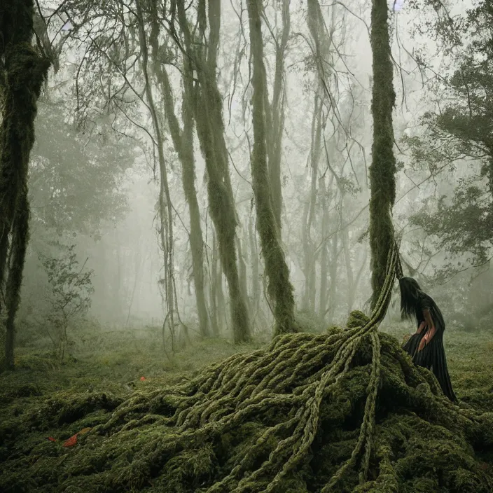 Image similar to a woman wrapped in chains, dragging a pile of chains, in a foggy mossy forest, by Omar Z. Robles, CANON Eos C300, ƒ1.8, 35mm, 8K, medium-format print