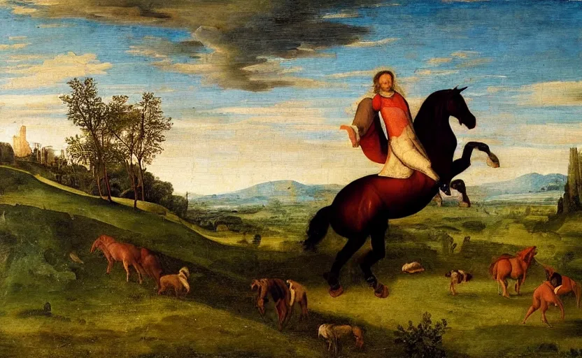 Prompt: a renaissance oil painting of a horse riding on a horse in a green meadow