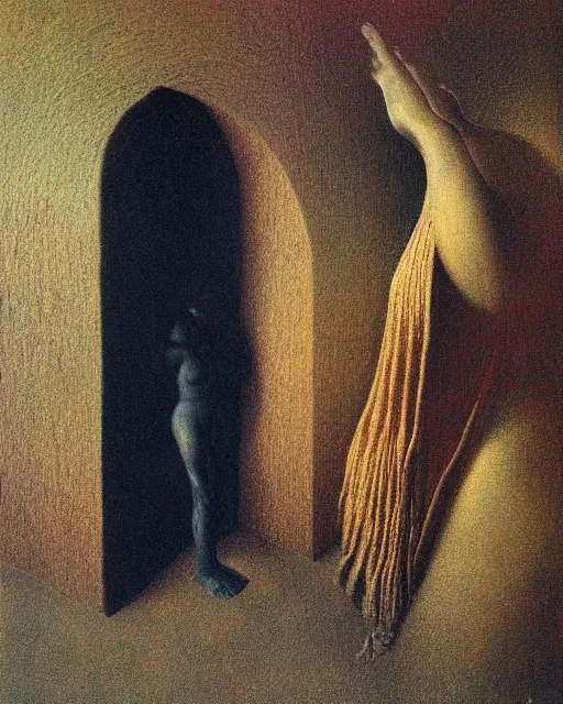 Image similar to man woman into one change and praying by beksinski, carrington, bosch, dali, barlowe, magritte