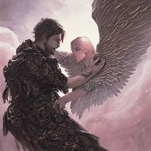 Image similar to angel protecting man, detailed intricate ink illustration, happy atmosphere, detailed illustration, hd, 4k, digital art, overdetailed art, by greg rutkowski, by loish, complementing colors, Trending on artstation, deviantart