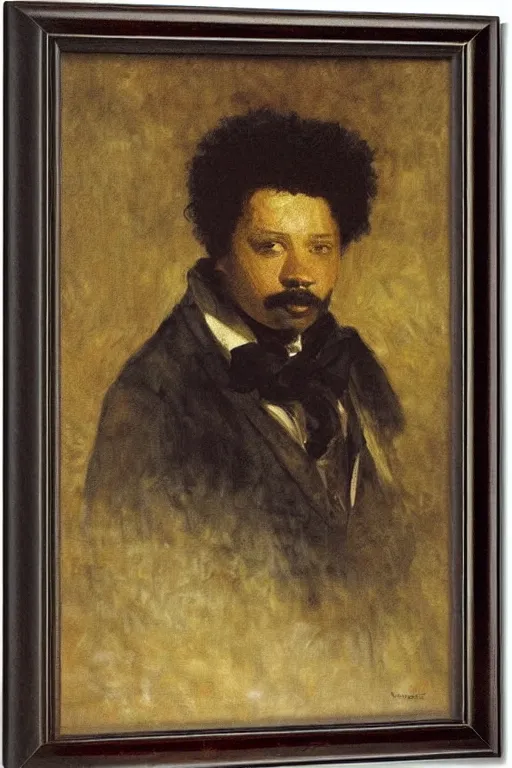 Image similar to Portrait of Alexandre Dumas, oil on canvas, highly detailed, high contrast, by Henry Ossawa Tanner, 8k