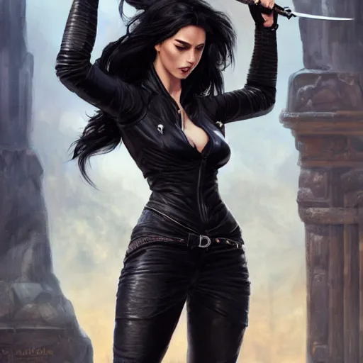 Image similar to an action photo of a black haired woman in a black leather jacket in a swordfight, muscular upper body, abs, d & d, fantasy, intricate, elegant, highly detailed, digital painting, artstation, concept art, smooth, sharp focus, illustration, art by artgerm and greg rutkowski and alphonse mucha