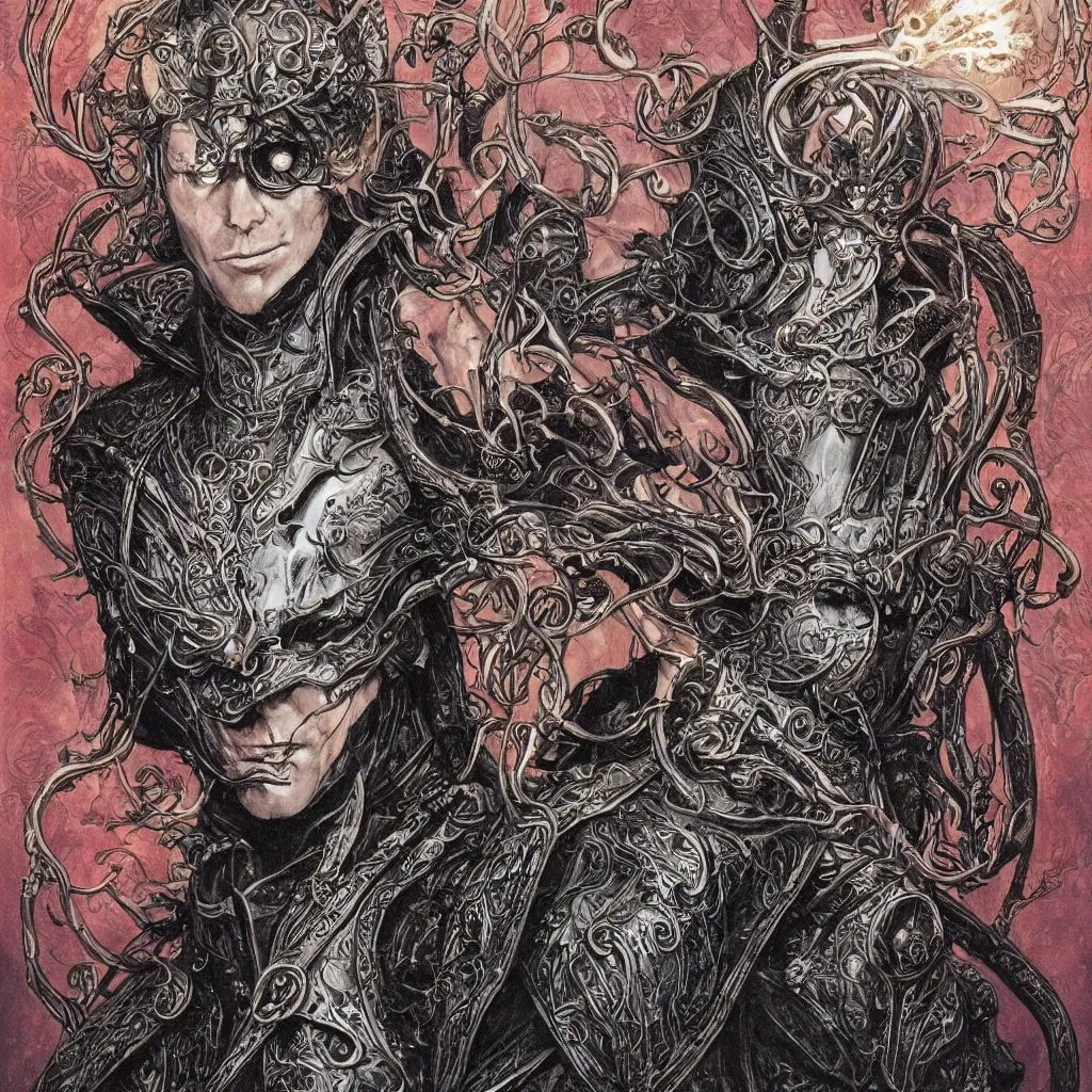 Image similar to A dramatic full color art nouveau bust portrait of Elric of Melnibone in black detailed armor, holding a rune-engraved black broadsword glowing with eldritch power, wearing an intricately hyperdetailed eyeball star chaos crown, by Travis Charest, P. Craig Russell, Michael Kaluta and Jia Ruan, fantasy, crisp lighting and edges, dark ambience, malevolent expression, determination, fear, confidence, accurate symmetrical facial details, aquiline facial features, medieval fantasy designs, white wolf