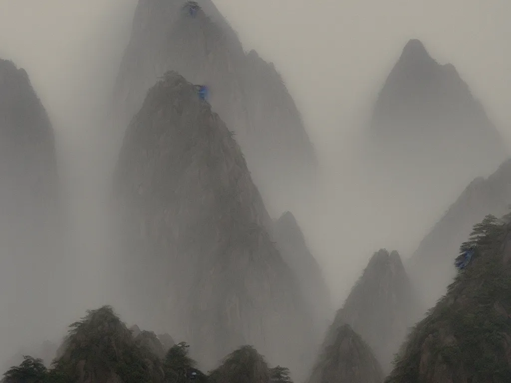 Prompt: landscape painting of huangshan on a foggy day by shenzhou 沈 周