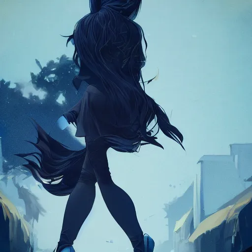 Image similar to low - angle shot from behind of a long blue - haired girl in a tailcoat overlooking demacia, combat boots, noir, screenshot, sharp focus, intricate, illustration, cell shaded, digital painting, highly detailed, straight hair, art by ilya kuvshinov, wlop, greg rutkowski, studio quality, james jean