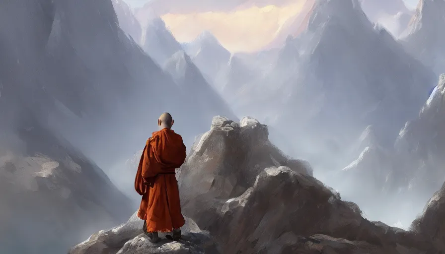 Image similar to concept art of a monk in a mountain by jama jurabaev, trending on artstation, high quality, brush stroke, for aaa game