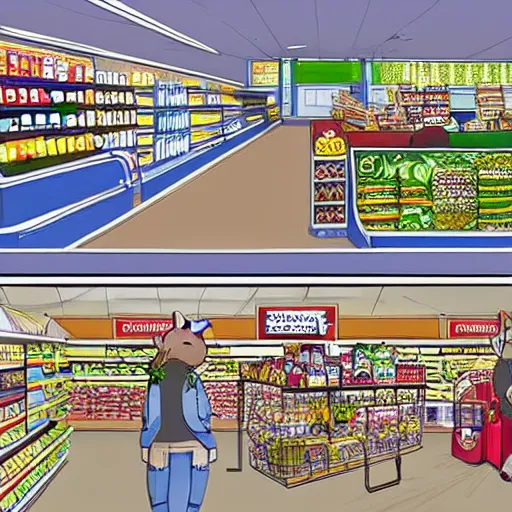 Image similar to an incredibly realistically drawn grocery store with a giant fat cartoon rabbit scp inside.