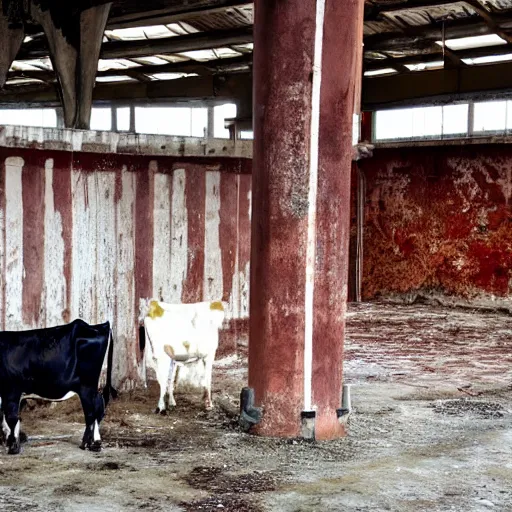 Image similar to dirty bottle of milk and a cow inside rusted slaughterhouse