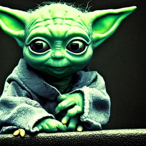 Image similar to cute baby yoda muppet, intricate detail, beautiful aesthetic, photorealistic, award winning professional cinematic composition, dramatic lighting, 8 k