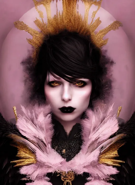 Prompt: dreamlike luxury portrait of a gothic raven, pale pink and gold, 8 k realistic, hyperdetailed, beautiful lighting, detailed background, depth of field, frostbite 3 engine, cryengine,