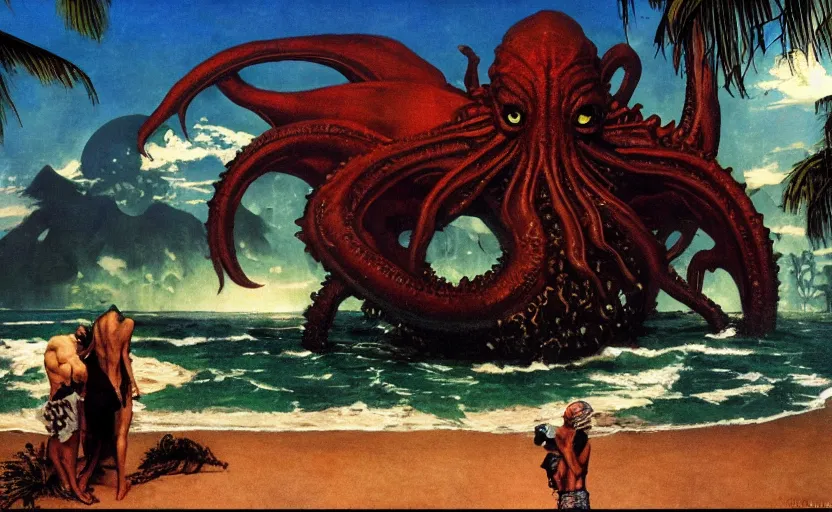 Image similar to cthulhu rising from the ocean by a tropical beach with palm trees. lovecraftian horror. highly detailed science fiction painting by norman rockwell, frank frazetta, and syd mead. rich colors, high contrast, gloomy atmosphere, dark background. trending on artstation