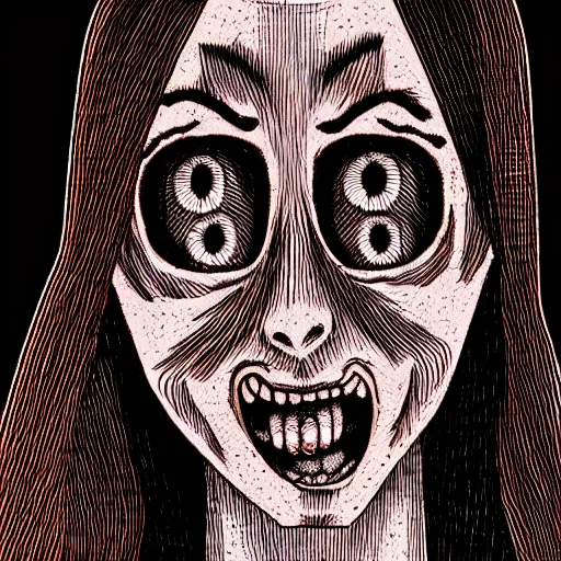 Image similar to a dark brown humanoid, hyper detailed, in the style of junji ito and and junji ito and junji ito, selfie