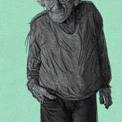 Image similar to detailed half body digital art of a old person wearing ragged and ruined clothes. the background is pure black with a little bit of glow behind the character