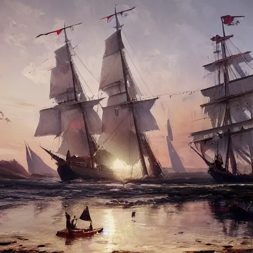 Prompt: masterpiece painting of a a xix century port with a white sails and crimson hull, three mast brigantine pirate ship docked, by greg rutkowski and noah bradley, trending on artstation