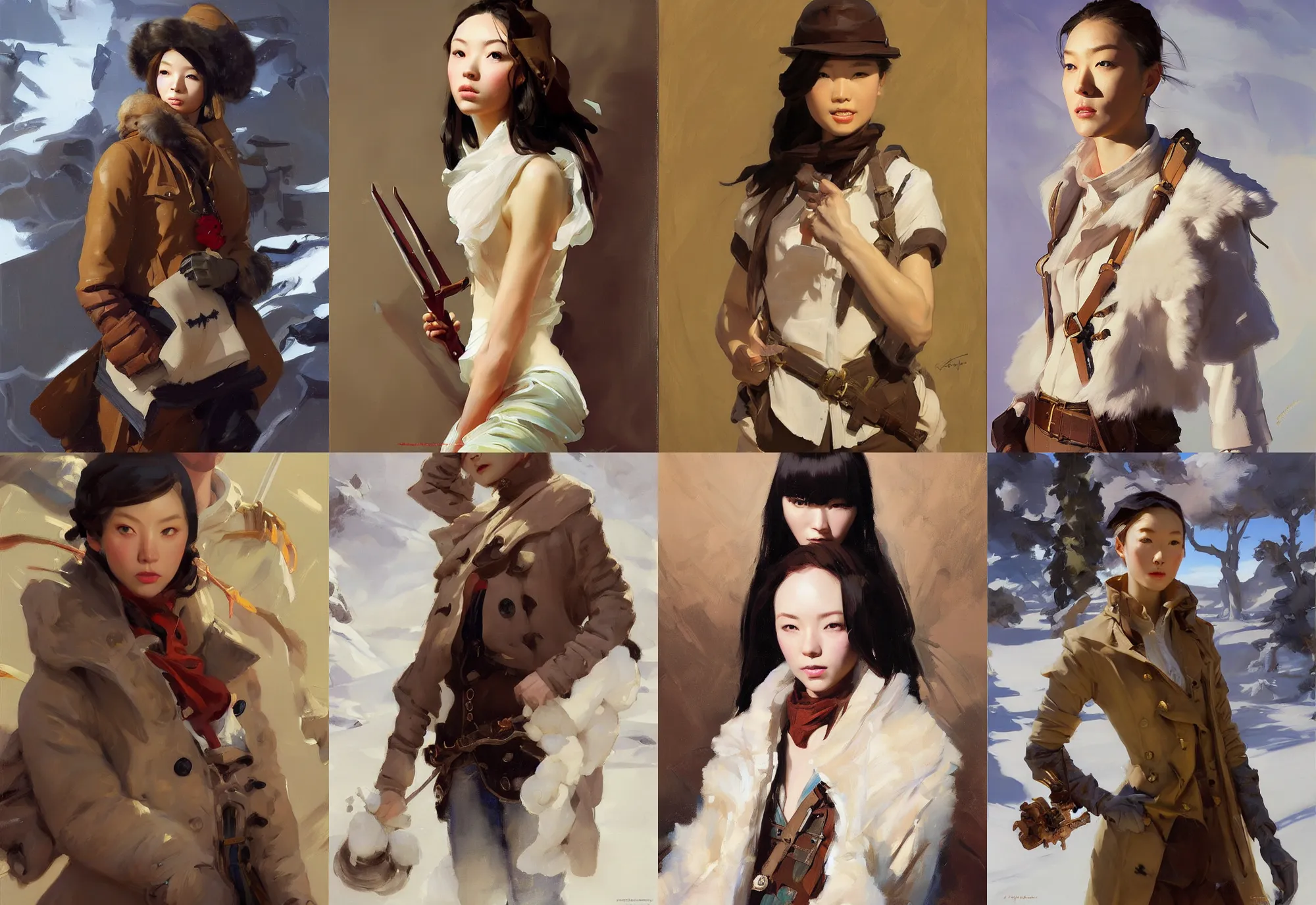 Image similar to portrait of russian japanese model girl jodhpurs hyperborea winter traveler treasure hunter greg manchess painting by sargent and leyendecker, fantasy, medium shot, asymmetrical, intricate, elegant, matte painting, illustration, hearthstone, by rhads, by greg rutkowski, by greg tocchini, by james gilleard, by joe fenton