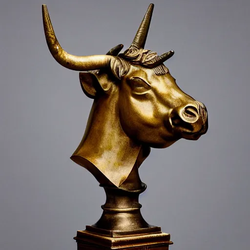Image similar to professional color photograph of a patinated bronze portrait bust of an angry unicorn bull supported by a bronze plinth, by Auguste Rodin