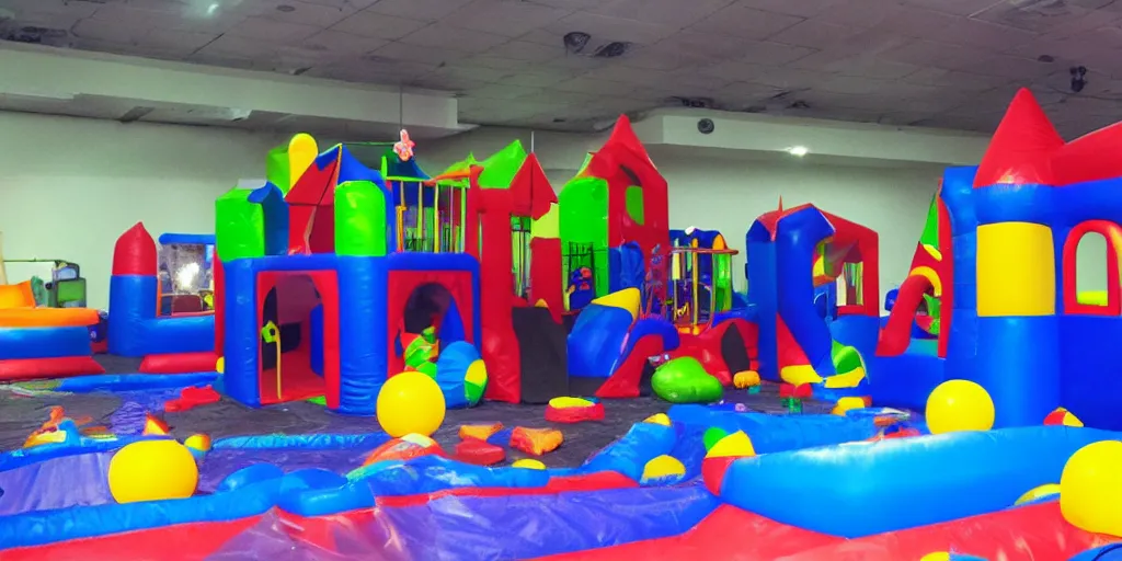 Image similar to a darkly lit indoor playplace bounce house photo taken with a deposable camera, limital space