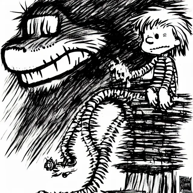 Prompt: epic professional digital Calvin and Hobbes ink drawing drawn by H.R. Giger, best on artstation, breathtaking, epic, stunning, gorgeous, much detail, much wow, cgsociety, wlop, pixiv, behance, deviantart, masterpiece