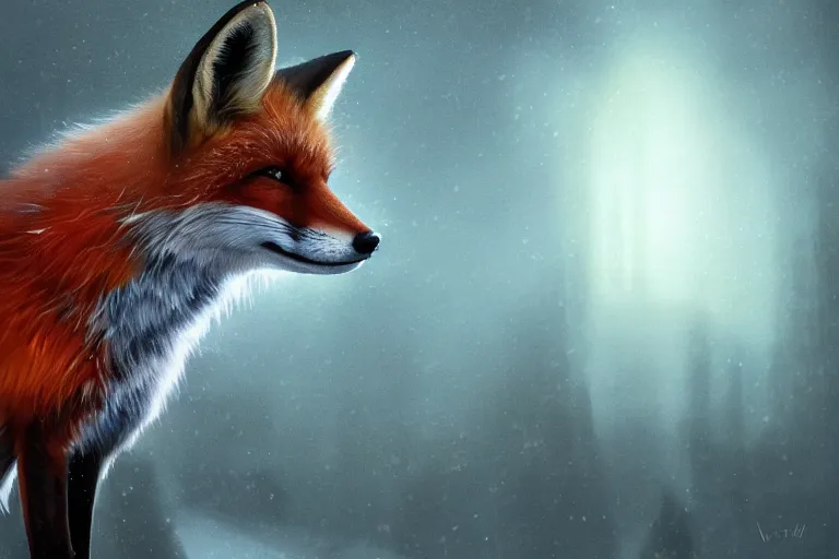 Image similar to portrait of a fox wearing blue coat stood outside a school, trending on artstation, highly detailed, digital painting, volumetric light, concept art, middle focus, illustration, lighting by Marc Adamus, daren bader, aleksi briclot, rutkowski, bouguereau