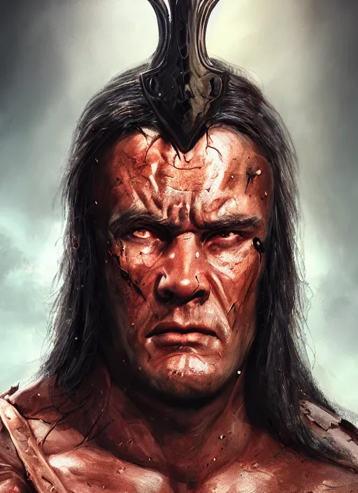 Image similar to comic book style portrait painting of conan the barbarian in a stunning fantasy setting, unreal 5, DAZ, hyperrealistic, octane render, dynamic lighting