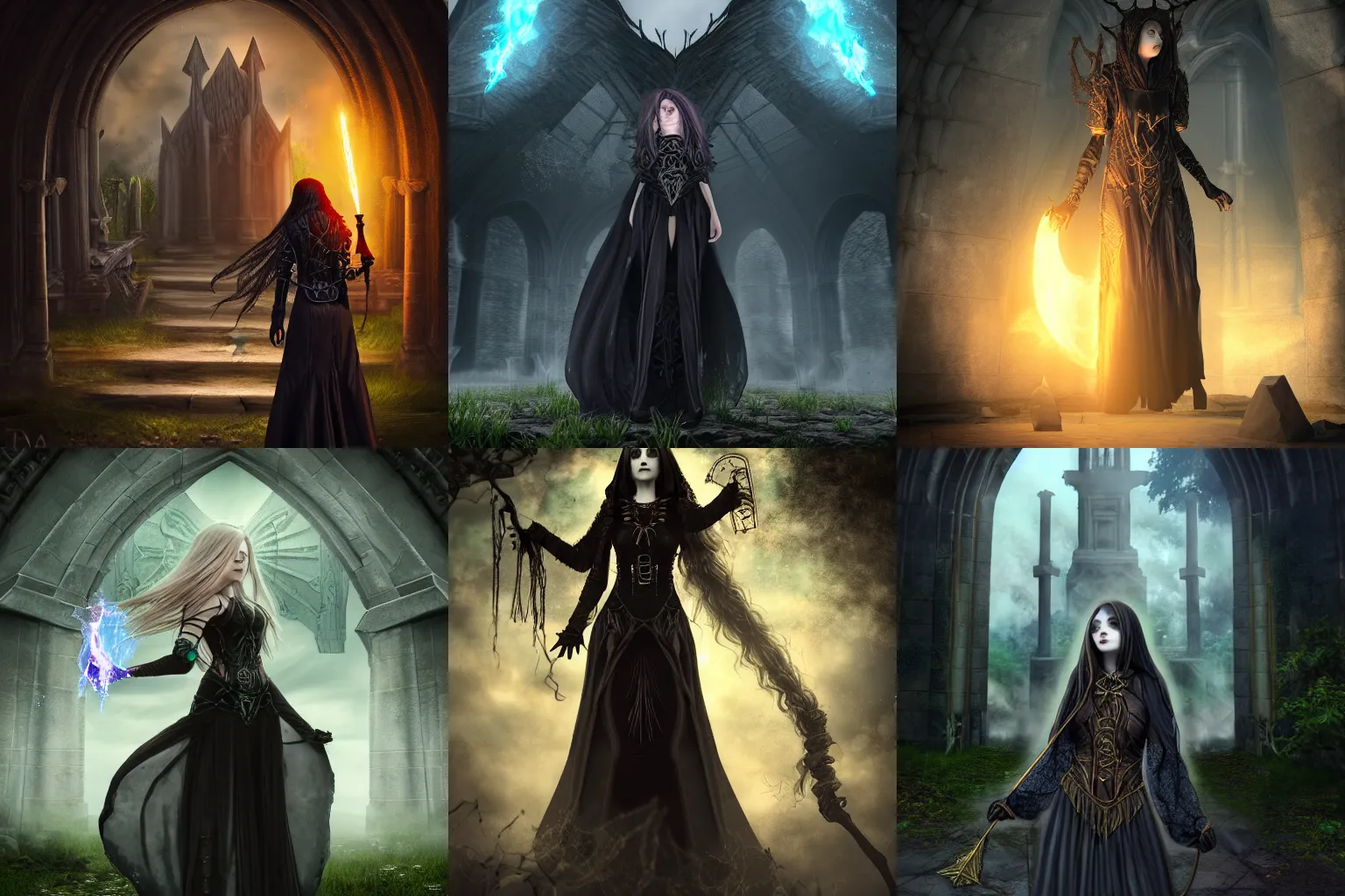 Prompt: realistic detail zoomed out, epic girl mage casting enormous spell, gothic clothes, long hair, digital art, concept art, best of 2023 on artstation style, simulation, structure, fine, wide angle, natural light, volumetric, behind is a tomb of great ancestors