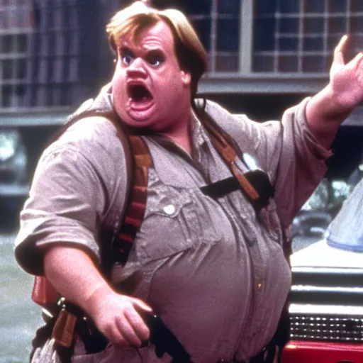 Image similar to Chris Farley as a Ghostbuster in a still from the movie Ghostbusters 8k hdr