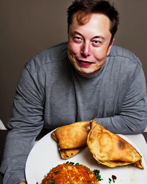 Image similar to a portrait of elon musk sitting at the dining table with a plate containing samosa in front of him, highly detailed, trending on artstation, bokeh, 9 0 mm, f / 1. 4