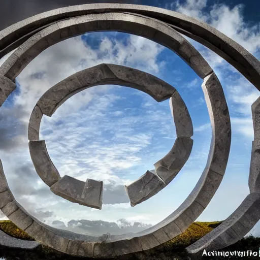 Image similar to stargate made of stone that form a circle, cinematic view, epic sky : : highly detailed