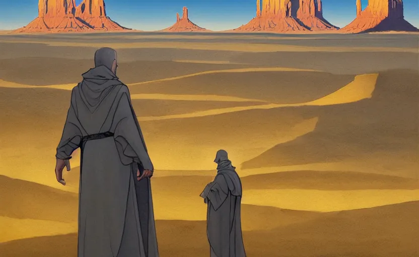 Image similar to a hyperrealist watercolor concept art of a sci - fi futurist buildings on the horizon of monument valley. a medieval monk in grey robes is in the foreground. golden hour. very muted colors, by rebecca guay, michael kaluta, charles vess. high detail, hq, wide shot, 4 k