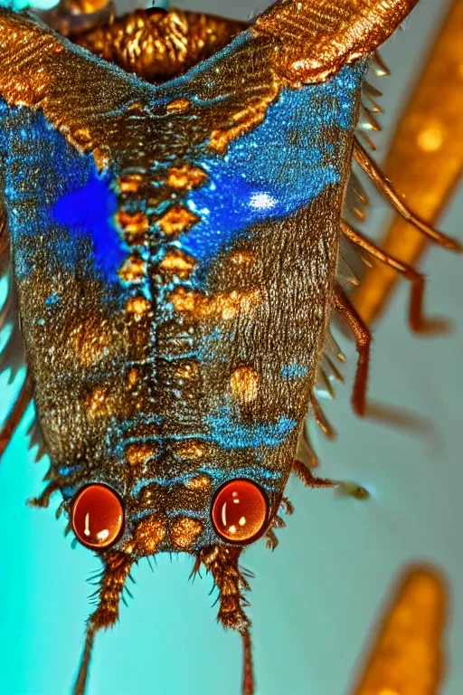 Image similar to high quality macro photo gelatinous furry moth! jeweled gorgeous! highly detailed david ligare elson peter cinematic blue neon lighting high quality low angle hd 8k sharp shallow depth of field