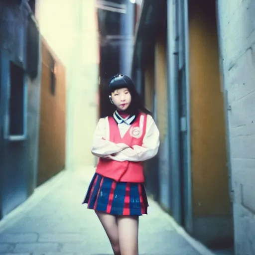 Image similar to a perfect 8K HD professional photo of close-up japanese schoolgirl posing in sci-fi dystopian alleyway, at instagram, Behance, Adobe Lightroom, with instagram filters, taken with polaroid kodak portra