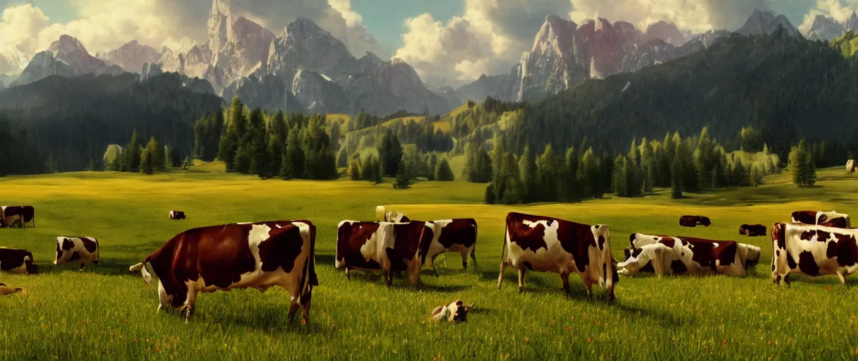 Image similar to a ultra photorealistic and sharp film still of an a sunny and colourful open field in 1 9 0 0 in the middle of the bavarian alps, germany. cows. wide shot, wes anderson, studio ghibli, pixar and disney animation, octane render, anime key art by greg rutkowski, dramatic lighting, award winning photography