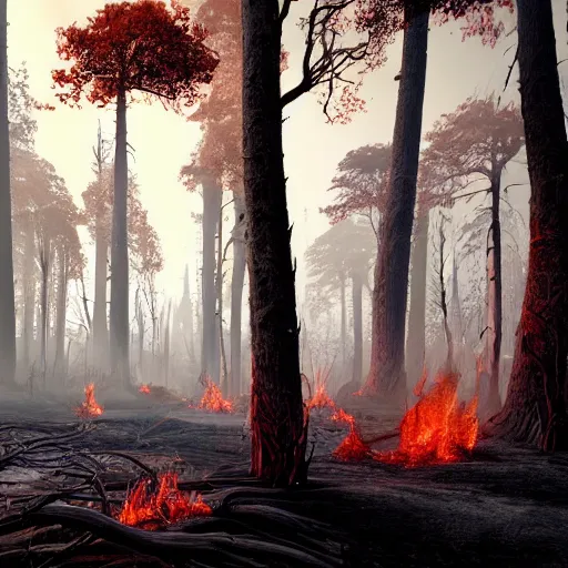 Image similar to a burned lifeless forest, with burned trees, concept art, cinematic, Christian Alzmann on ArtStation, CGSociety, Unreal Engine