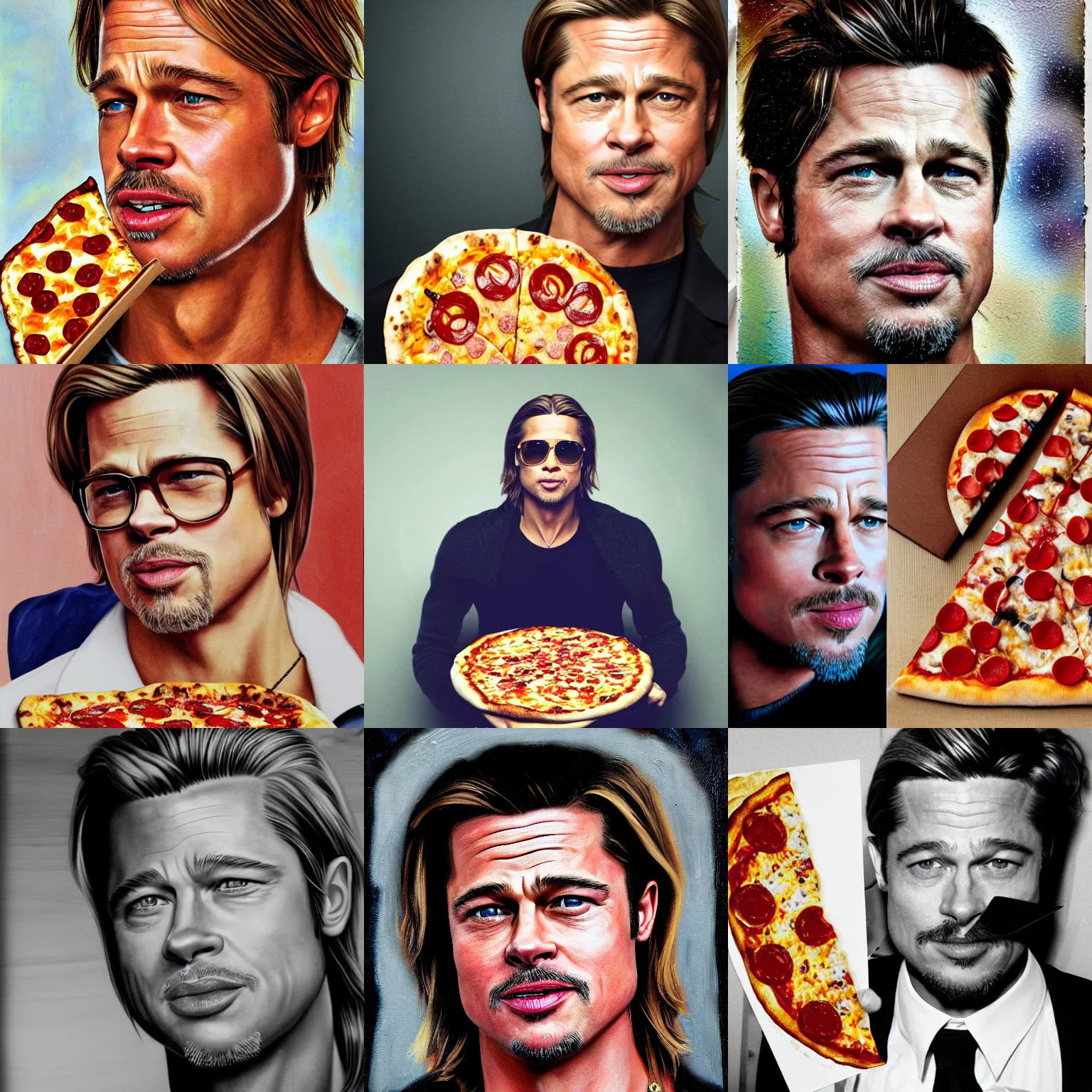 Prompt: portrait of brad pitt on pizza,