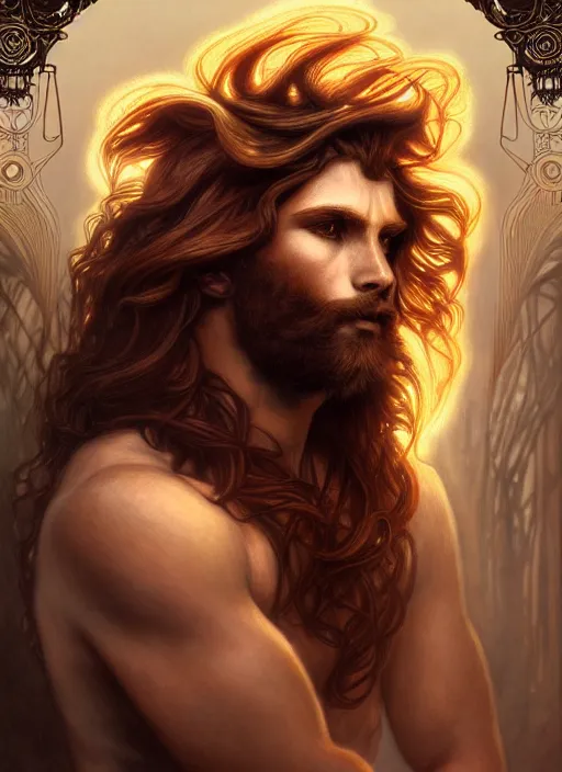 Image similar to portrait of demigod hercules, long wavy auburn hair, lion head, glowing eyes, volumetric lights, forest, art nouveau botanicals, gothic, intricate, highly detailed, digital painting, artstation, concept art, smooth, sharp focus, symmetric face, illustration, steampunk, art by artgerm and greg rutkowski and alphonse mucha