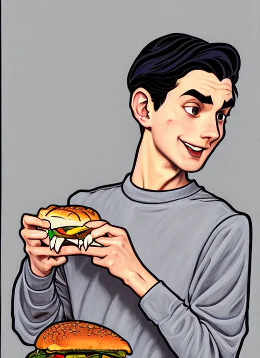 Image similar to oil painting, teenage jughead jones, wears a light grey crown, and devours a hamburger, wearing a light grey crown, intricate, elegant, closed eyes, highly detailed, pinocchio nose, lighting, painting, artstation, smooth, illustration, art by greg rutowski and alphonse mucha