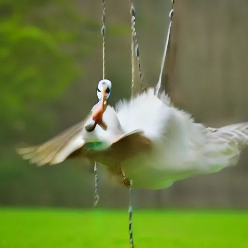 Image similar to a realistic photograph of a goose swinging on a swing, real life